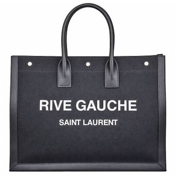 YSL RIVE GAUCHE 黑色帆布皮飾邊白字大型手提/托特包