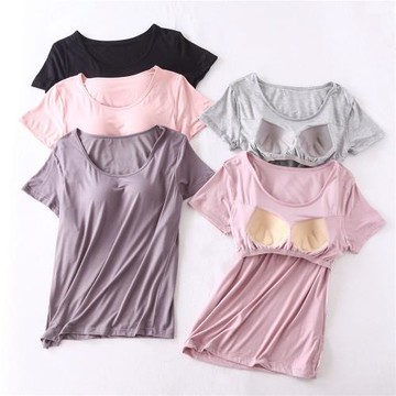 莫代爾bra-t帶胸墊罩杯大碼半袖女夏五指杯寬松免文胸短袖T恤衫