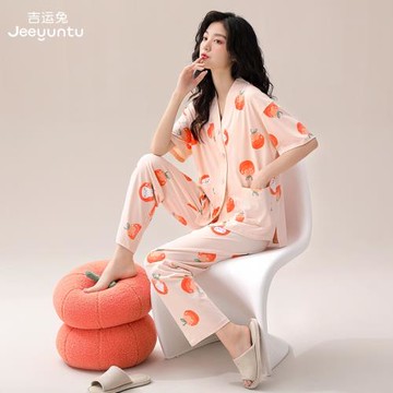 睡衣女夏季2025新款純棉短袖長褲開衫套裝女款夏天大碼V領家居服