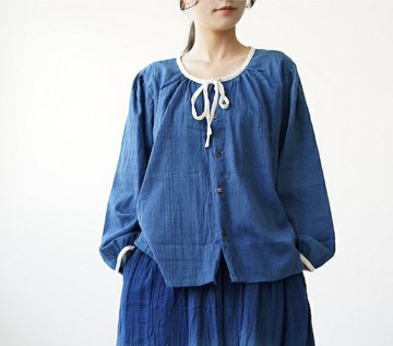 【手工藍染】圓領系帶拼色長袖襯衫