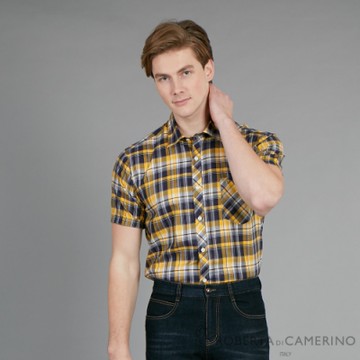 ROBERTA諾貝達 台灣製 進口素材 潮流格紋 帥氣合身純棉短袖襯衫 黃色