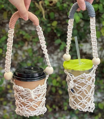 Macrame波希米亞淡粉磚編織飲料保溫杯袋