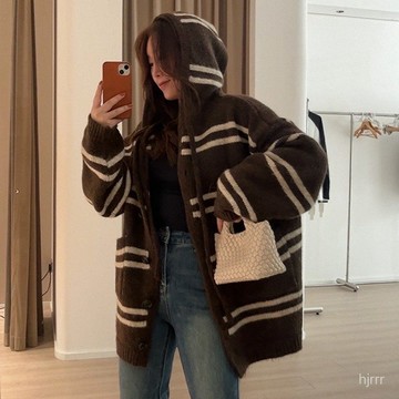 秋冬新款連帽條紋針織開衫女上衣寬鬆慵懶風大碼軟糯毛衣外套 韓係慵懶感～針織外套 秋冬復古開衫 寬鬆外搭 針織毛衣 長袖女
