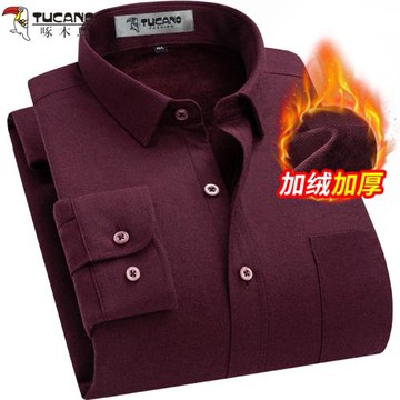 啄木鳥純棉加絨加厚保暖襯衫男酒紅色馬年本命年中年喜爸爸襯衣男