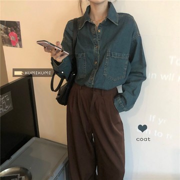 復古長袖bf牛仔外套女裝兩件套夏季新款拖地休閑長褲時尚套裝