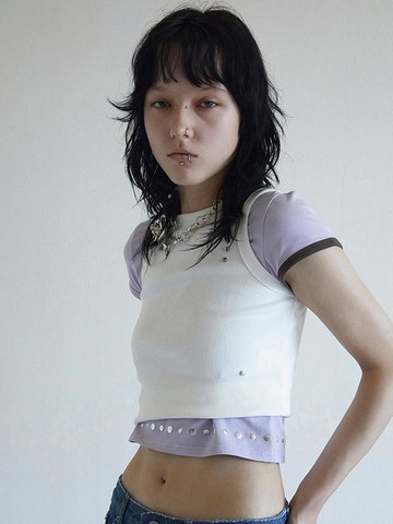 24S ASYMMETRICAL SLEEVE BEACH TEE IN PURPLE/BROWN