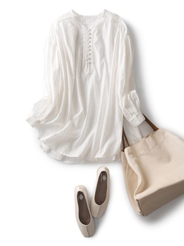 令人心動的細緻刺繡條紋棉質罩衫，長袖上衣 200803-2