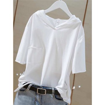 白色破洞連帽純棉短袖t恤女2025年夏季新款上衣寬松半袖打底體恤T