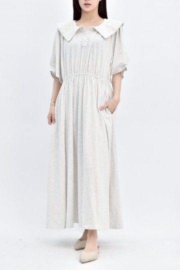 (L) puffs韓牌棉質短袖排扣翻領灰色洋裝