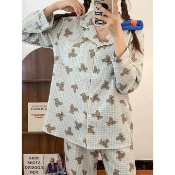 小熊格子睡衣女春秋冬2024年新款長袖長褲網紅風家居服套裝可外穿