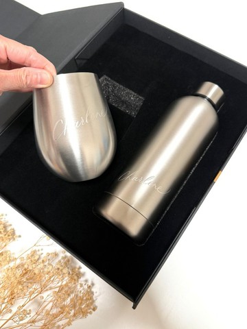 【客制】銀色 不鏽鋼 保溫瓶 + 酒杯 組合 套裝 刻字