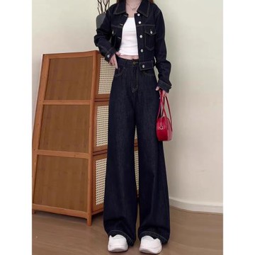 (免運)秋季丹寧藍寬松直筒牛仔褲女小個子2025年新款高腰垂感闊腿褲春秋