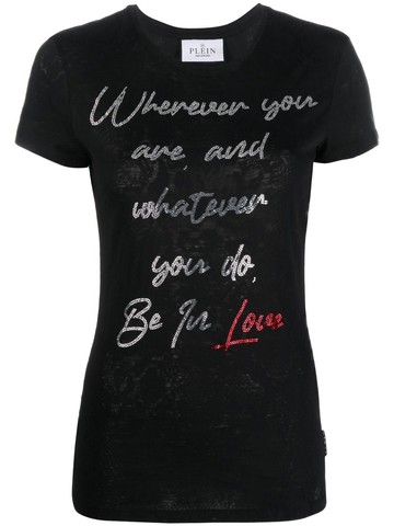 Philipp Plein - crystal embellished-slogan slim T-shirt - women - Cotton - L - Black