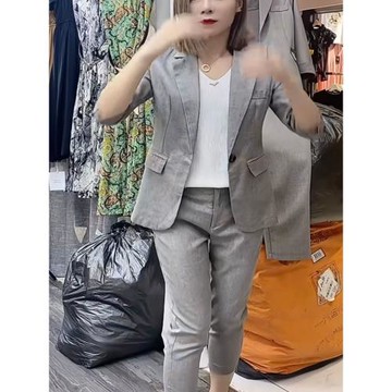 高檔休閑亞麻西裝套裝女2023春夏新款氣質小西服外套小腳褲兩件套