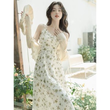 (免運)夏日絕美小裙子收腰顯瘦雪紡碎花吊帶連衣裙開衫溫柔森系穿搭套裝
