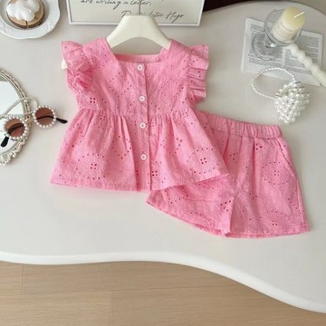 mori🎀mori女童夏季新款粉色簡約小飛袖上衣+短褲兩件套公主風超僊夏裝