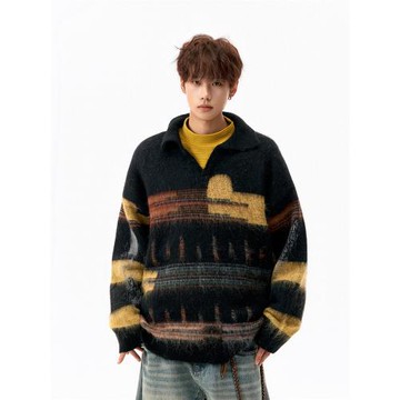 美式撞色Polo領針織衫男冬季潮牌設計感破洞毛衣高街百搭套頭上衣