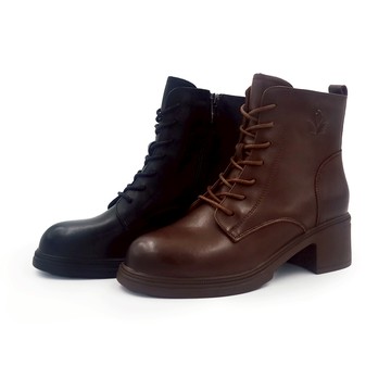 【DK氣墊鞋】拉鍊繫帶中跟馬丁短靴 71-5406 共兩色 咖啡 黑色