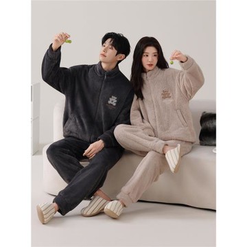 2套價 情侶睡衣秋冬款加厚珊瑚絨拉鏈保暖家居服男女法蘭絨新套裝