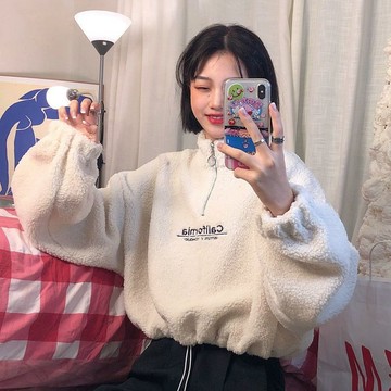 (臺灣出貨)SY長袖上衣羊羔絨上衣短款上衣半高領衛衣女加絨加厚寬鬆韓版秋冬拉鍊上衣外套潮ins