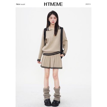 花田櫥窗HTmeme 少女瑞拉 針織套裝女春秋polo領上衣半身裙兩件套