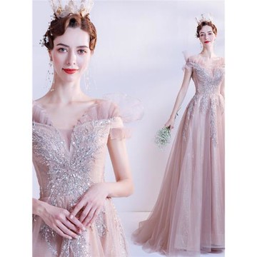 典雅浪漫 粉色新娘結婚敬酒服宴會年會主持人婚紗晚禮服16086QQ