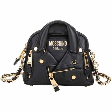 MOSCHINO Biker 展示品 黑色夾克造型可拆鍊帶羊皮手拿/斜背包(正右1釦掉)