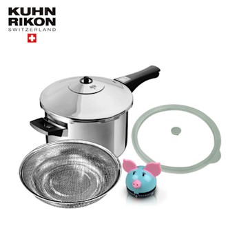 【瑞康屋Kuhn Rikon】瑞士壓力鍋單柄3.5L +粉彩豬計時器 綁贈多用途不銹鋼瀝水籃22CM+圓形矽膠玻璃真空蓋20CM