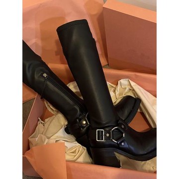 羊皮版~真皮高跟彈力長靴女新款粗跟厚底騎士靴高筒靴長筒瘦瘦靴