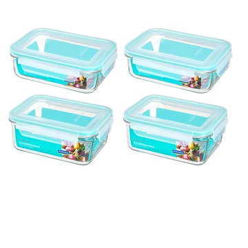Glasslock 韓國製強化玻璃微波保鮮盒經典4件組 長方1000ml 2個 + 1100ml 2個  透明色 + 藍綠色  1組