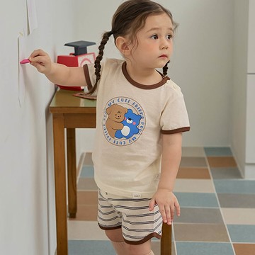 韓國 Cordi-i - 透氣網眼洞洞短袖家居服/睡衣-抱抱朋友-米黃