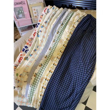 高個子加長版卡通格子控睡褲女春夏季長褲可外穿寬松直筒遛彎神褲