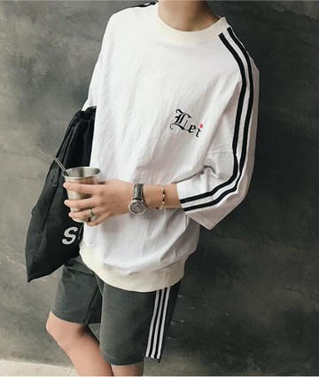 FINDSENSE MD 韓國 潮 男 時尚 休閒 圓領 寬鬆 五分袖 兩杠條紋 字母 短袖T恤 特色短T