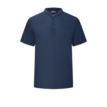 彈性輕薄絲光棉立領網眼布短袖T裇/深靛藍色 | 5114146277