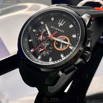 [星晴錶業]MASERATI手錶,44mm,R8851123007黑色錶面黑錶殼深黑色矽膠錶帶款