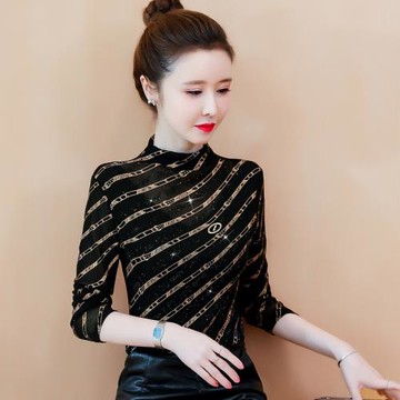 洋氣保暖內衣女秋冬時尚半高領網紗修身上衣加絨加厚斜條紋打底衫