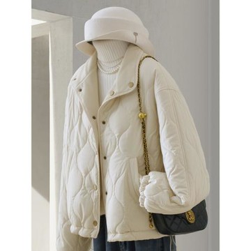 4U4U米白色菱格棉衣女冬季新款簡約甜美氣質小個子兩面穿棉服外套