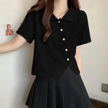 台出 上衣 短袖 POLO衫 t恤 polo領 百搭 不規則開叉短袖T恤女夏季新款正肩顯瘦設計感POLO領短款上衣女裝
