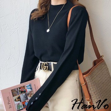 【HanVo】天天出貨 半高領捲邊排釦針織貼身上衣 百搭袖口釦子設計韓系長袖毛衣打底衫針織衫 女生衣著 A02-1566