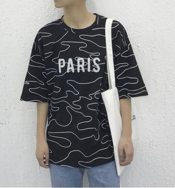 FINDSENSE品牌 男 時尚 街頭 潮 特色字母印花紋理 落肩袖 寬鬆 短袖T恤 特色短T