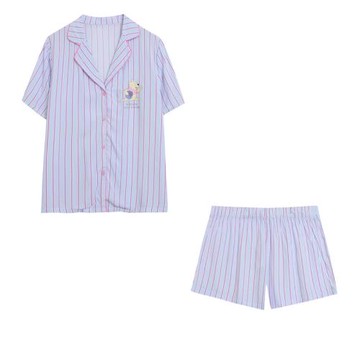 外貿甜美人棉綿綢條紋開衫~卡通短袖家居服套裝 寬松單排扣睡衣褲