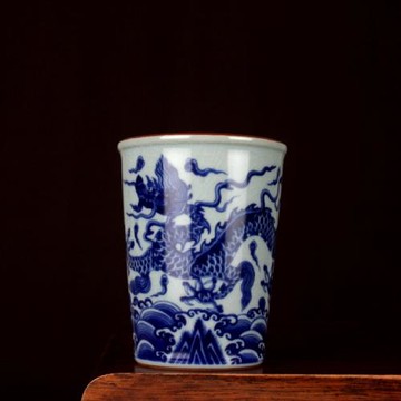 老陶泥開片釉青花龍紋可樂杯單杯咖啡杯景德鎮陶瓷器手工復古茶具