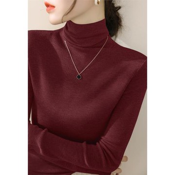 春季羊毛安哥拉紅坑條長袖毛衣女洋氣套頭高領修身針織打底衫上衣