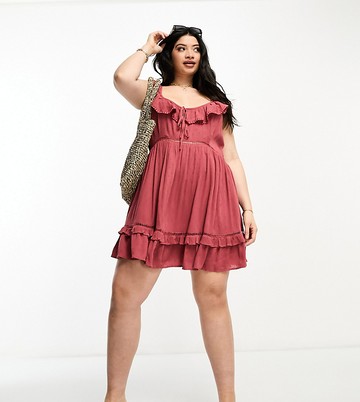 ASOS DESIGN Curve ruffle dobby mini sundress with lace inserts in rust-Red