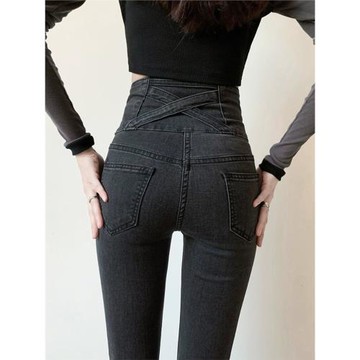 JOLIMENT黑灰色蜜桃臀緊身牛仔褲女2025年春秋時尚新款高腰鉛筆褲