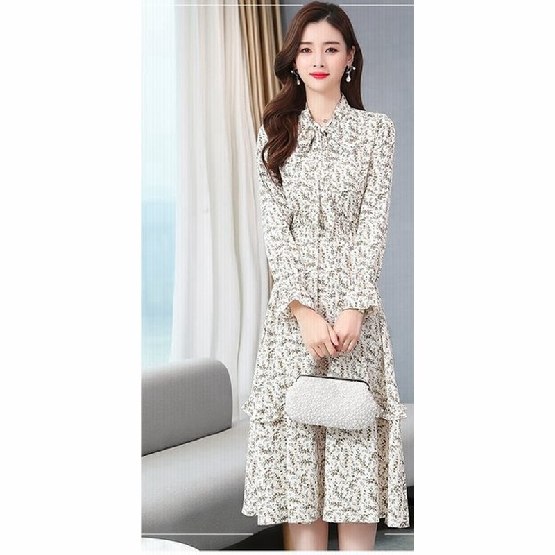 年 春 新作 小さい花柄 白 ワンピース ドレス エレガント レトロ 長袖 ハイウエスト スリムなウエストデザイン フィット 蝶ネクタイ 首細 小顔効果 代 通販 Lineポイント最大0 5 Get Lineショッピング