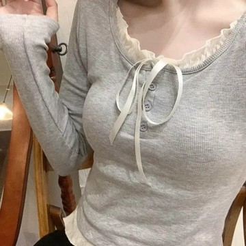 胖胖美依 上衣 長袖T卹 打底衫 保暖 S-2XL新款假兩件蝴蝶結繫帶長袖T卹磨毛保暖內搭打底衫上衣-2414.