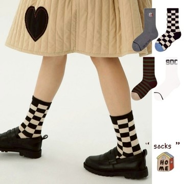 現貨4雙裝格紋條紋中筒襪3-12歲兒童棉質中筒襪 個性刺繡童襪 質感格紋童襪