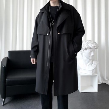 黑色風衣男中長款假兩件外套2024新款秋季潮流寬松帥氣英倫風大衣