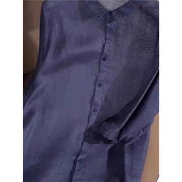 大碼法式小眾設計感藏青色棉麻襯衫女夏薄款2025高級質感天絲亞